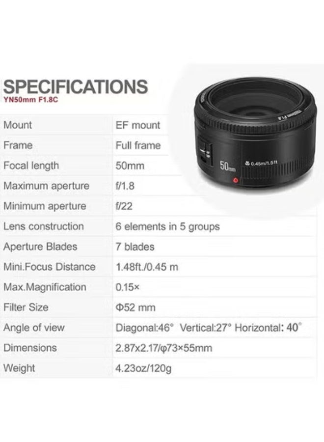 YONGNUO YN50mm F1.8, Standard Prime Auto Focus Lens for Canon Full Frame SLR EF Mount Cameras Black - Image 3